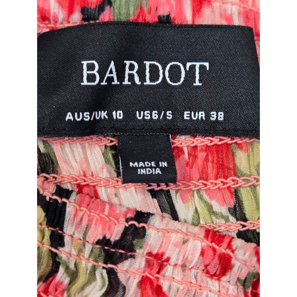 Bardot Remi Floral Blouse Pink Gardenia Smocked Mock Neck Tie Back Top US 6 S - Picture 7 of 11